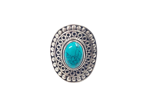 Anel Oval Trabalhado com Turquesa - Prata 925