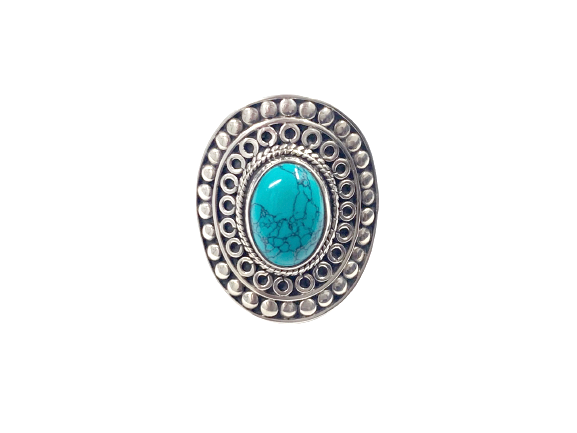 Anel Oval Trabalhado com Turquesa - Prata 925