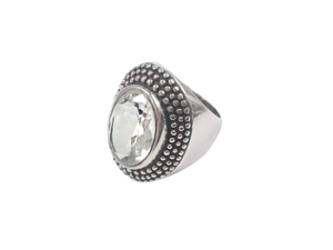 Anel Oval Trabalhado Caixa Alta com Cristal Facetado - Prata 925