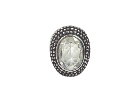 Anel Oval Trabalhado Caixa Alta com Cristal Facetado - Prata 925