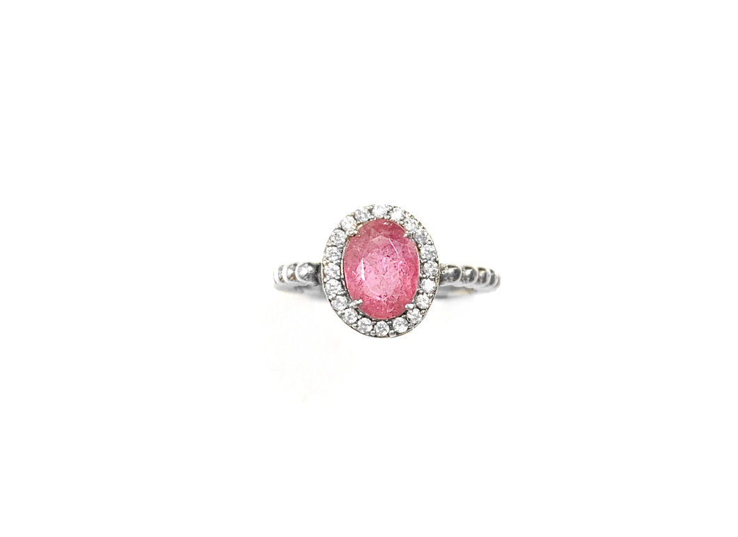 Anel Turmalina Rosa Oval com Zircônia - Prata 925 com Ródio