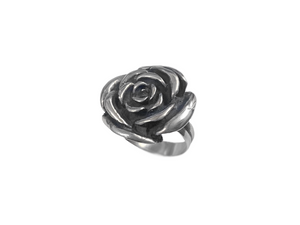 Anel Flor Rosa com Trabalho Escurecido - Prata 925