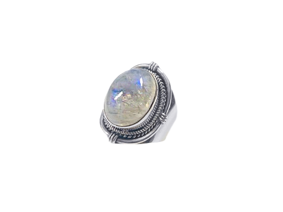 Anel Oval Trabalhado com Pedra da Lua - Prata 925