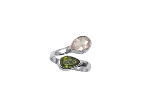 Anel Gota Dupla com Quartzo Rosa e Peridoto - Prata 925