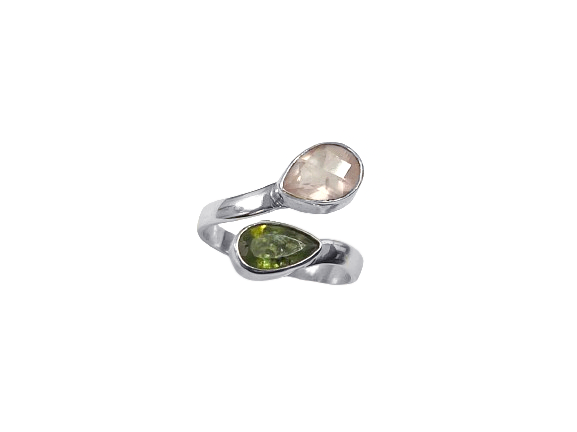 Anel Gota Dupla com Quartzo Rosa e Peridoto - Prata 925