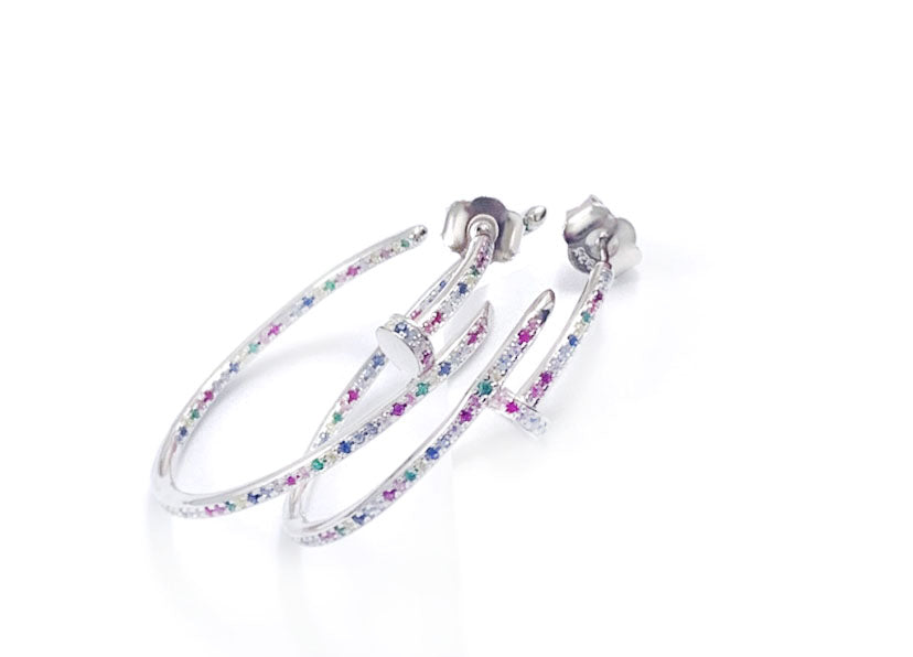 Brinco Argola Estilo Prego com Zircônias Coloridas - Prata 925 com Ródio