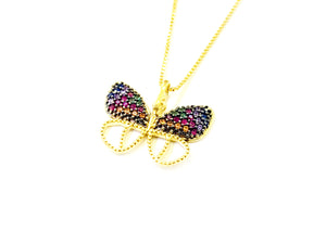 Colar Borboleta Vazada com Zircônias Coloridas - Prata com Banho Ouro 18k