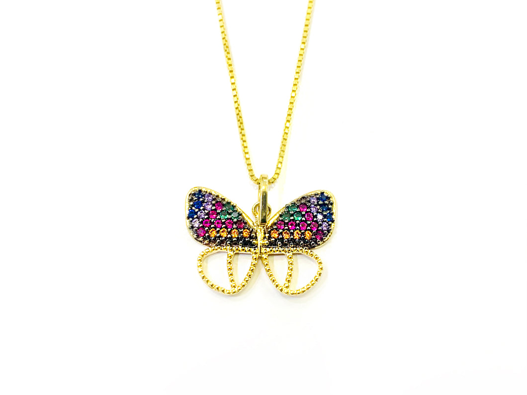 Colar Borboleta Vazada com Zircônias Coloridas - Prata com Banho Ouro 18k