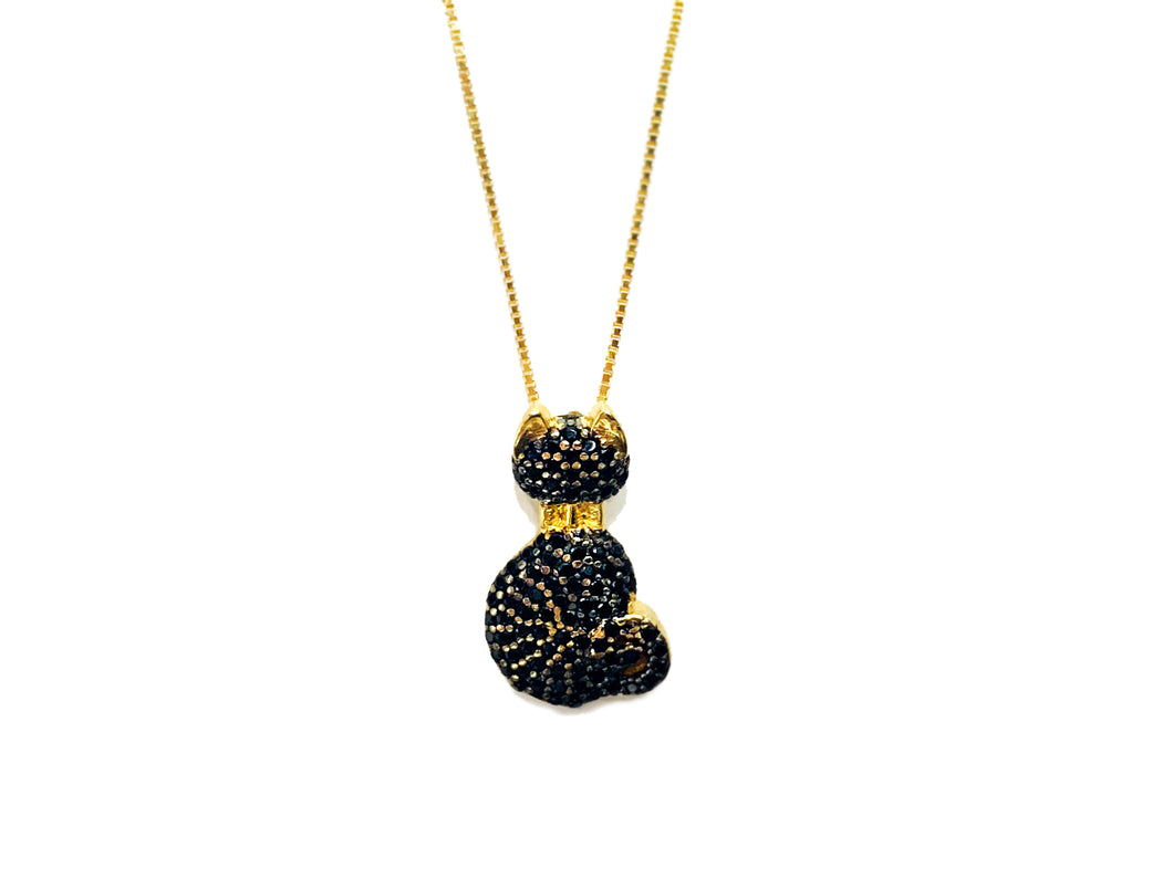 Colar Gato com Zircônia Negra - Prata com Banho Ouro 18k