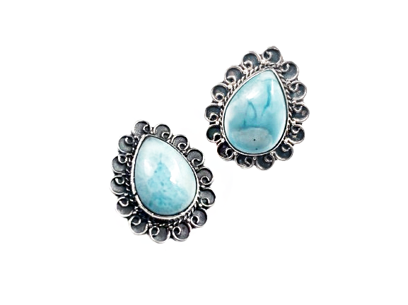 Brinco Gota Trabalhado com Larimar - Prata 925