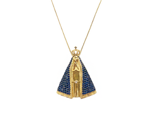 Colar Nossa Senhora Aparecida Maxi Zircônias Azuis - Prata com Banho Ouro 18k
