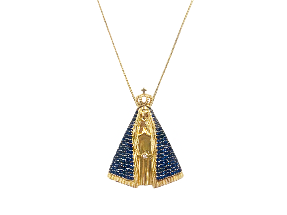 Colar Nossa Senhora Aparecida Maxi Zircônias Azuis - Prata com Banho Ouro 18k