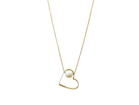 Colar Coração Vazado com Pérola Barroca - Ouro 18k