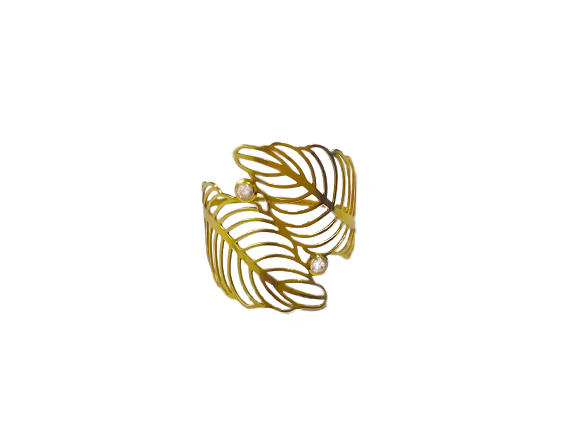 Anel Folha Dupla Vazada com Zircônia - Ouro 18k