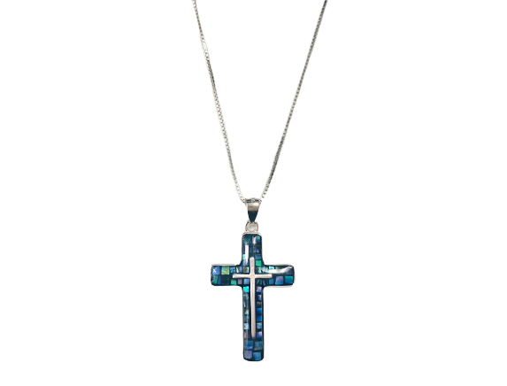 Colar Cruz Estilizada com Abalone - Prata 925 com Ródio