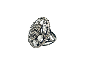 Anel Estilizado com Cristal e Zircônia - Metal com Banho de Ródio Negro