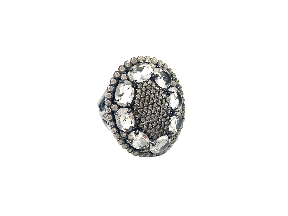Anel Estilizado com Cristal e Zircônia - Metal com Banho de Ródio Negro