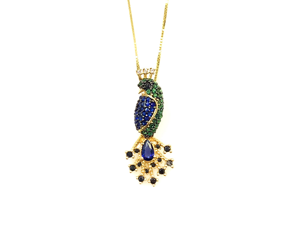 Colar Pavão Médio com Zircônias Coloridas - Prata com Banho Ouro 18k
