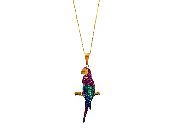 Colar Arara com Zircônias Coloridas - Prata com Banho Ouro 18k