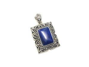 Pingente Lápis Lazuli Retangular com Trabalho - Prata 925