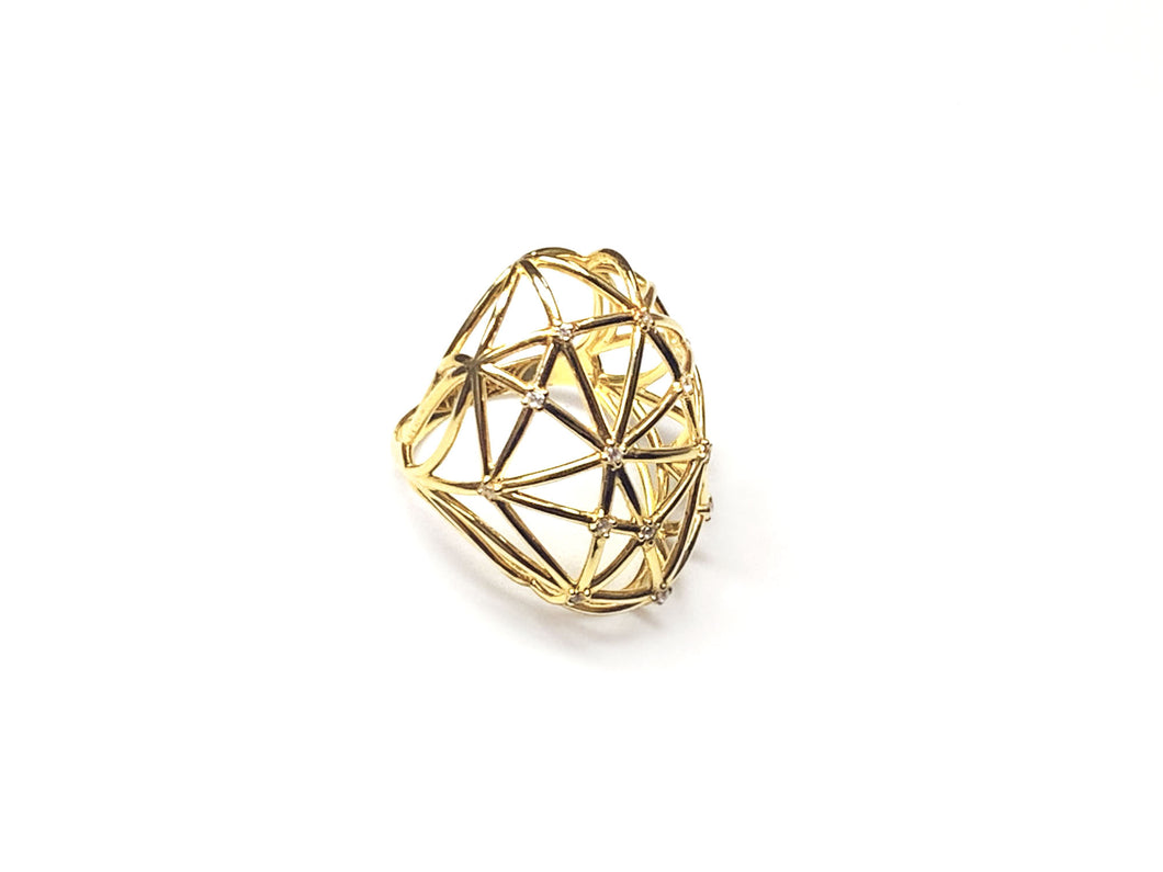 Anel Trabalhado Estilo Linhas com Zircônias - Prata com Banho Ouro 18k