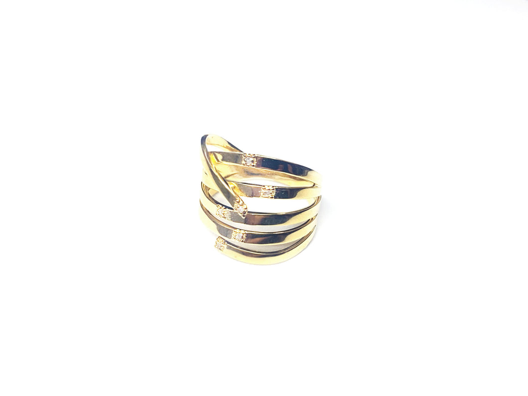 Anel Estilizado 6 Aros com Zircônias - Prata com Banho Ouro 18k