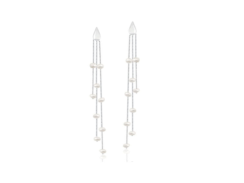 Brinco Três Filetes Pérola - Prata 925 com Ródio
