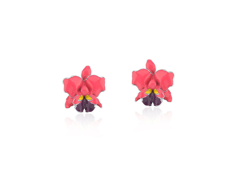 Brinco Orquídea Colorida Esmaltada com Resina - Prata 925 com Ródio