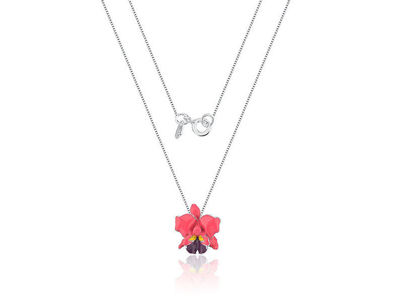 Colar Orquídea Colorida Esmaltada com Resina - Prata 925 com Ródio
